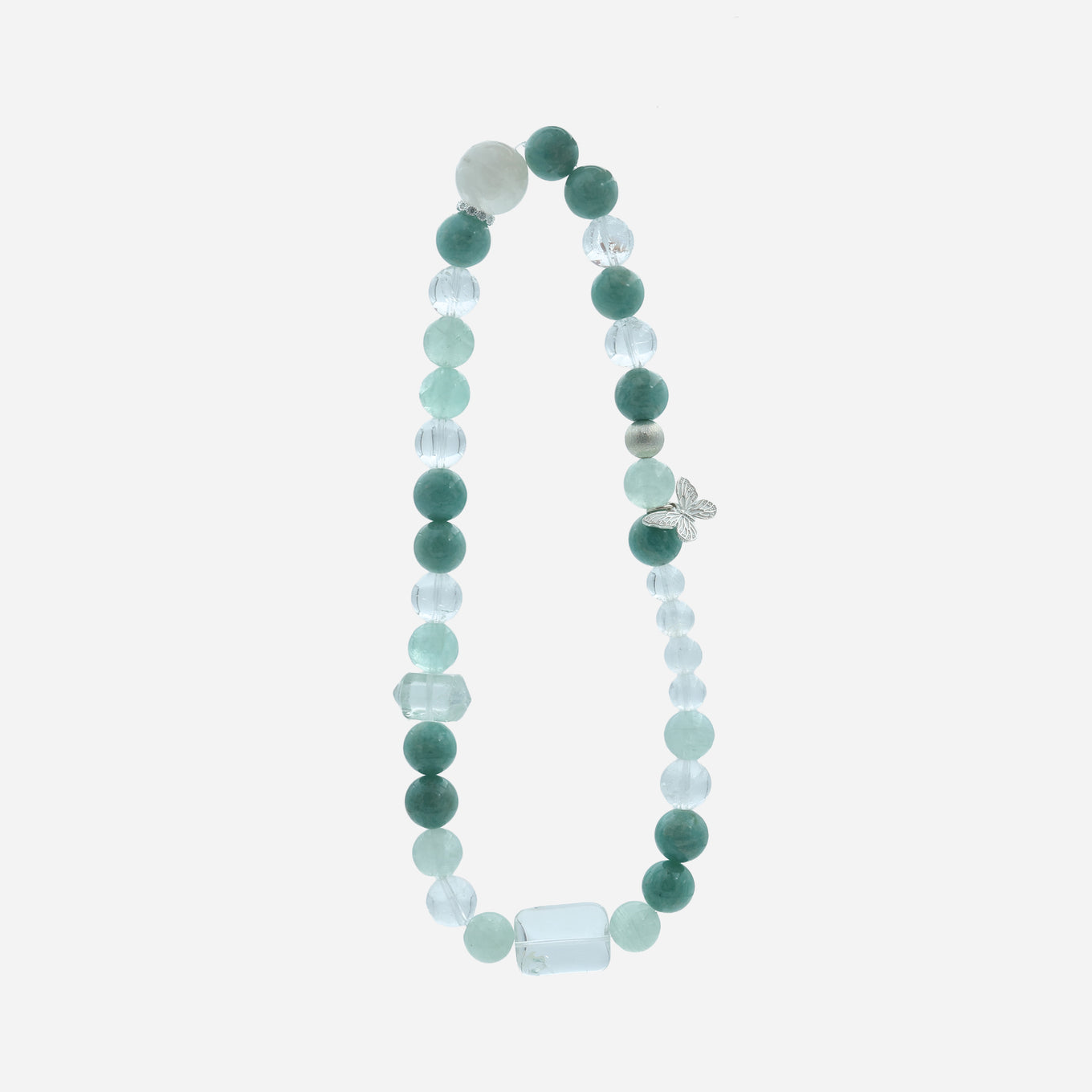 Spirit Flutter multi-gemstone bracelet with natural Amazonite, Fluorite, and Snow Ghost Quartz on a double-wrap design