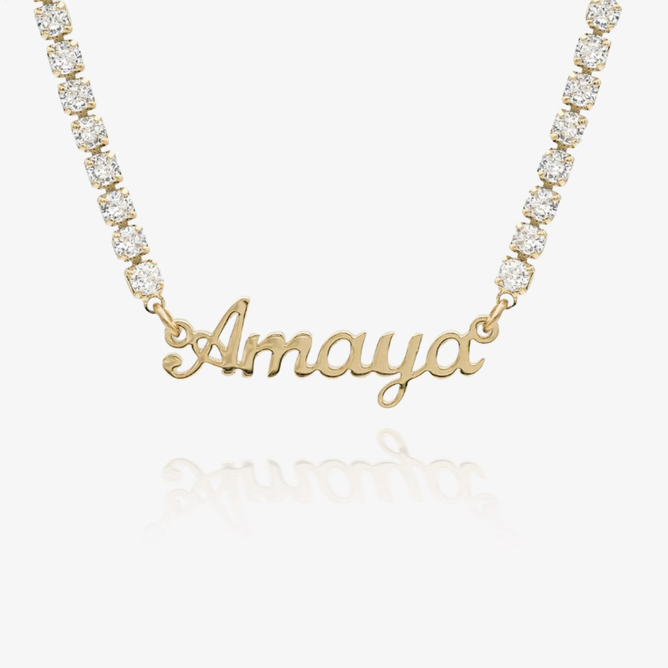 Personalized cursive name necklace on CZ tennis chain in 18K gold plated — custom script pendant jewelry