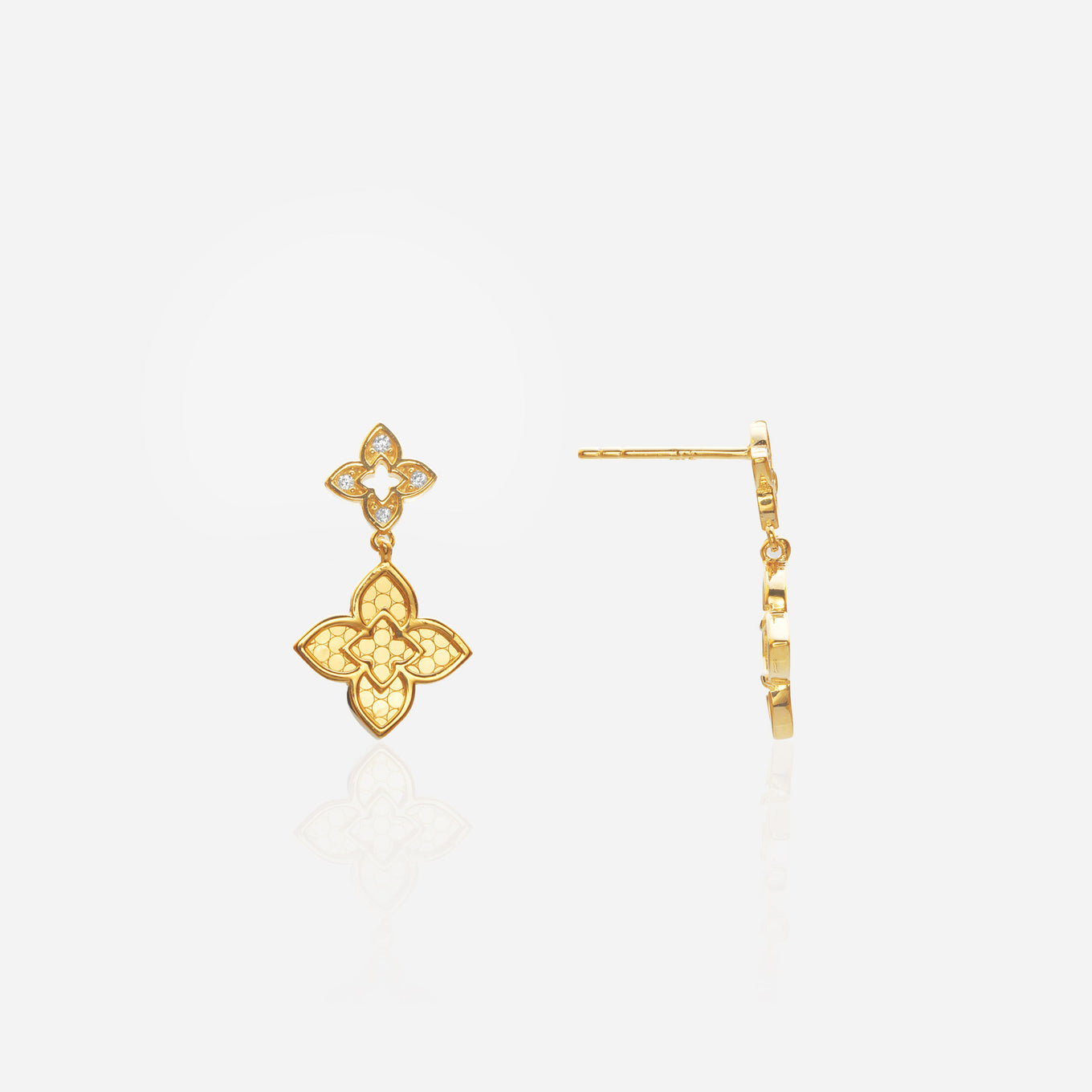 Gold four leaf clover earrings with lab diamonds and engraved lucky charm for good luck gift
