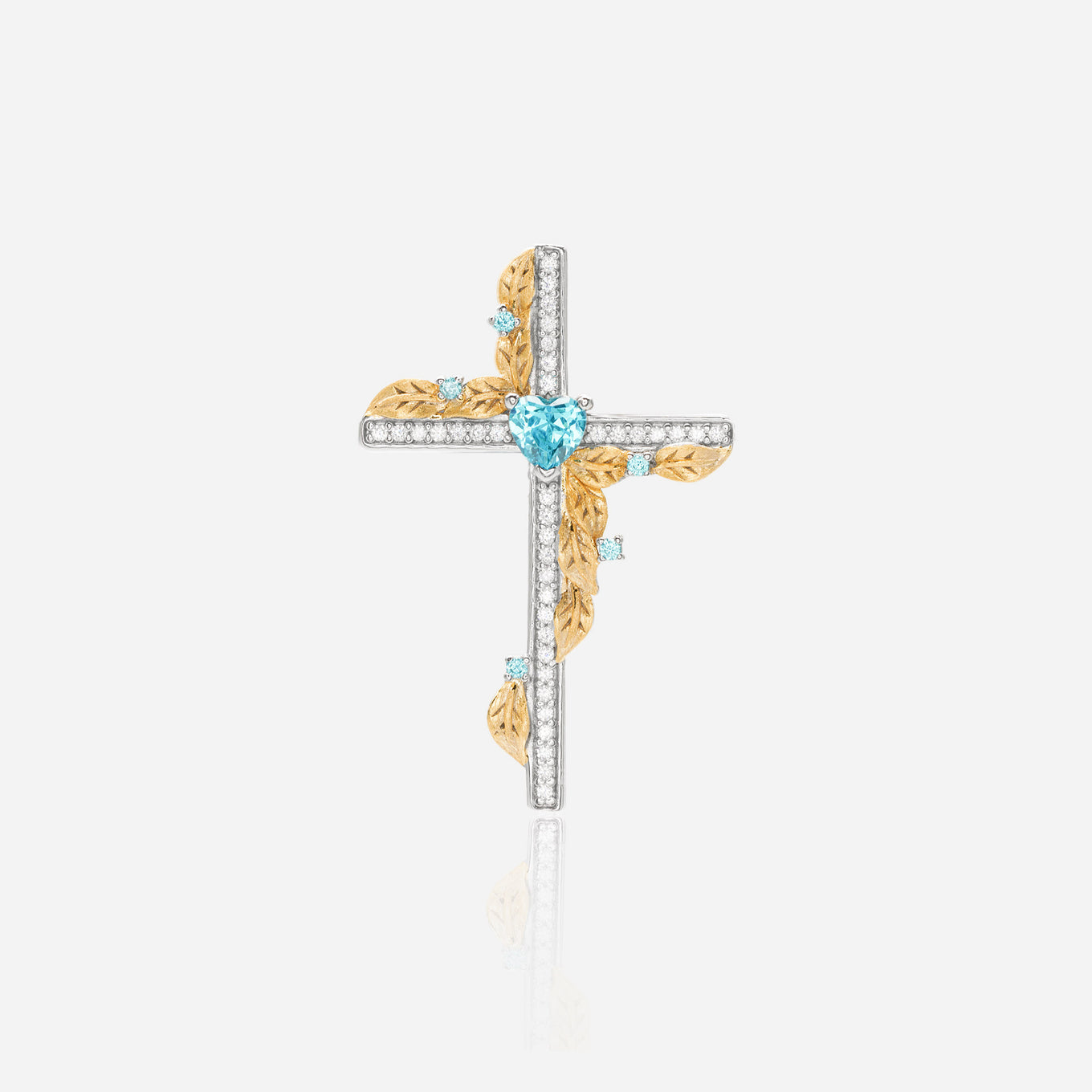 Heart with cross pendant two-tone gold vine wrapping azure blue heart stone Ag925 sterling silver 18K gold rhodium