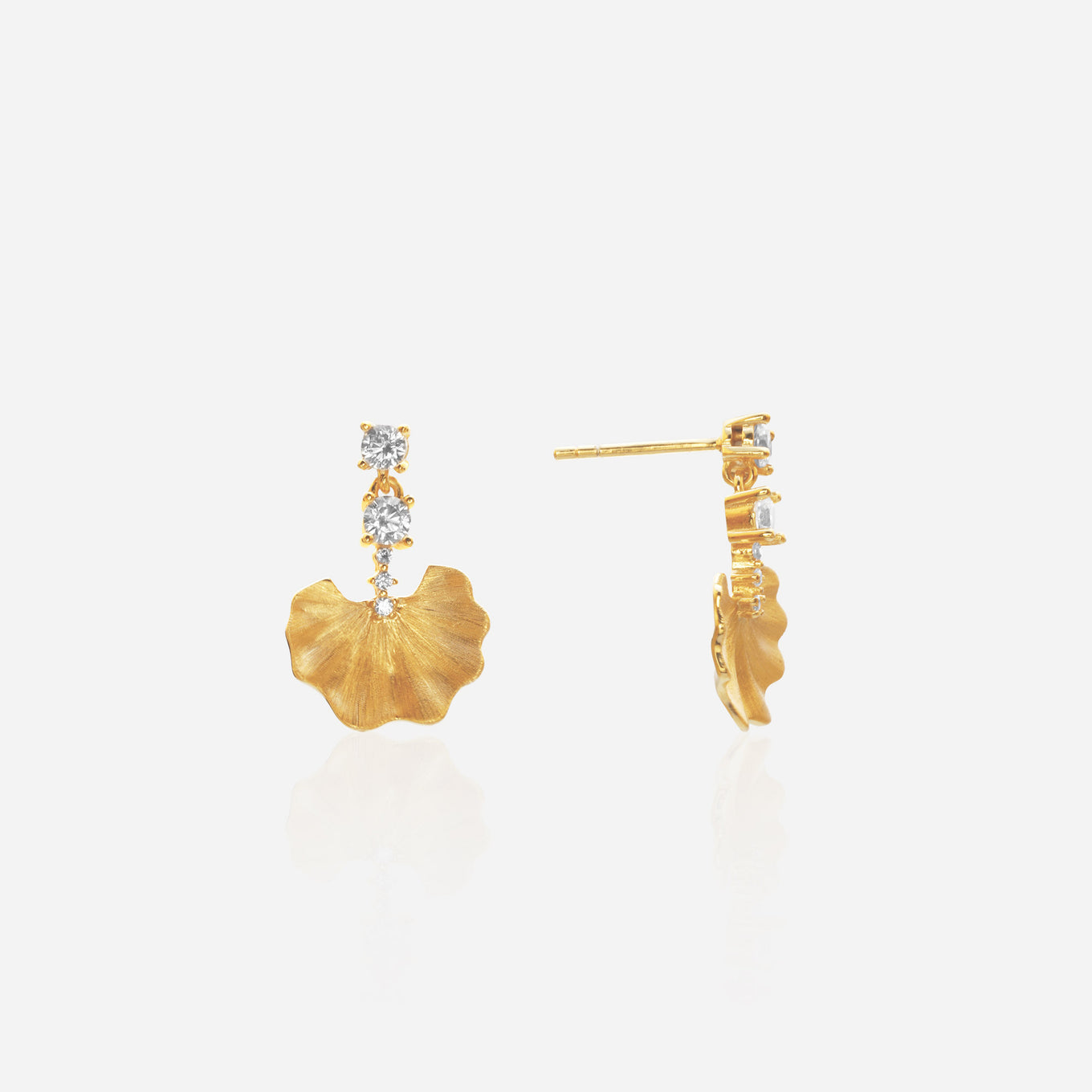 Featherlight gold ginkgo leaf dangle earrings with cascading lab diamonds and satin brushed finish