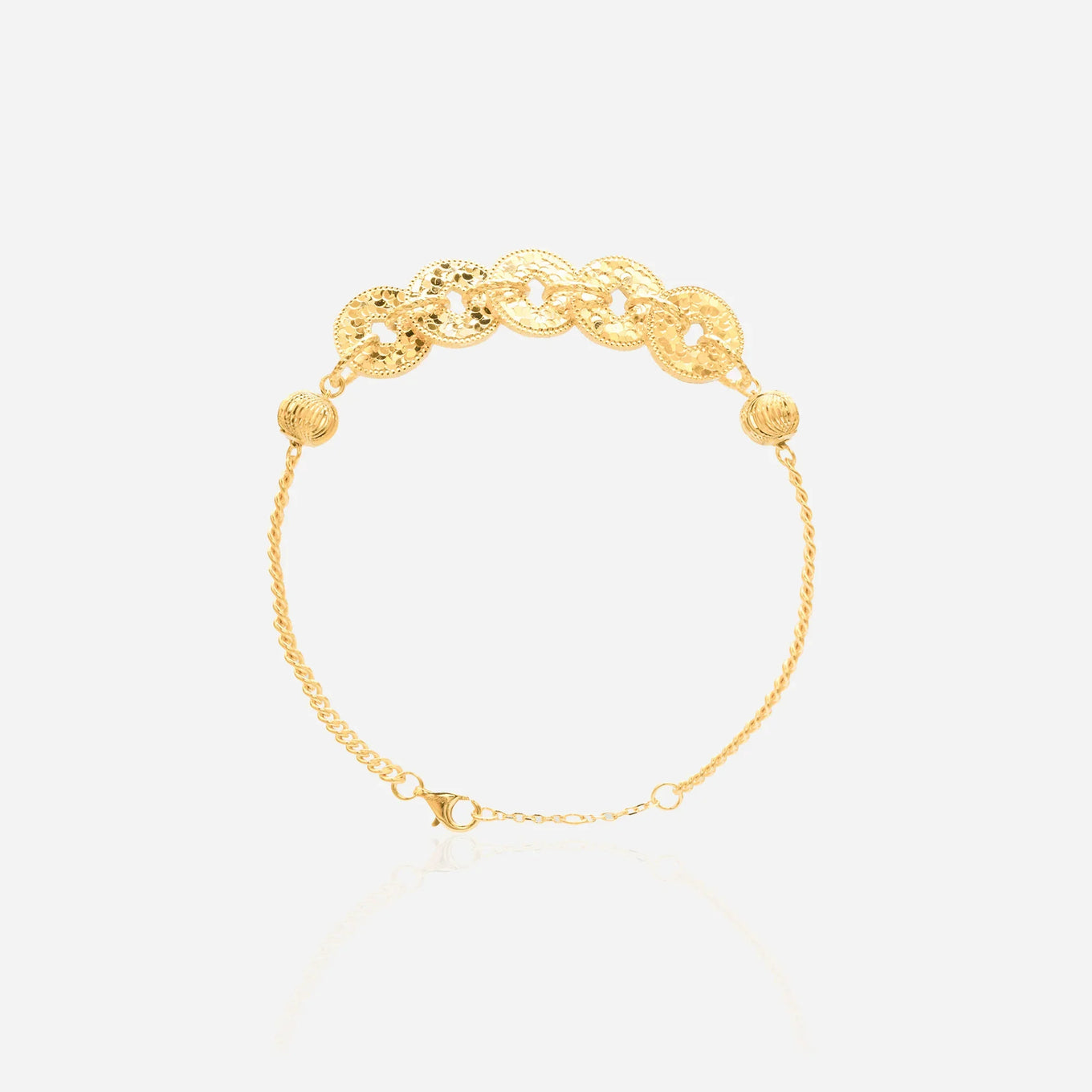 Gold charm coin bracelet with hammered ice-crackle texture five linked emperor coins on Cuban chain Feng Shui wealth