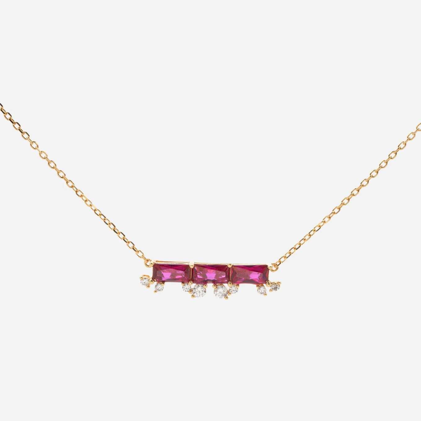 Crimson ruby bar necklace with Freud rose red lab rubies and diamond fringe in 18k gold plated silver minimalist gold jewelry