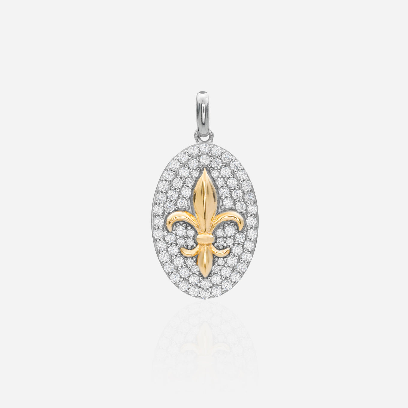 Gold fleur de lis lab diamond pendant sterling silver medallion two-tone bicolor 18K gold plating micro-pave lab