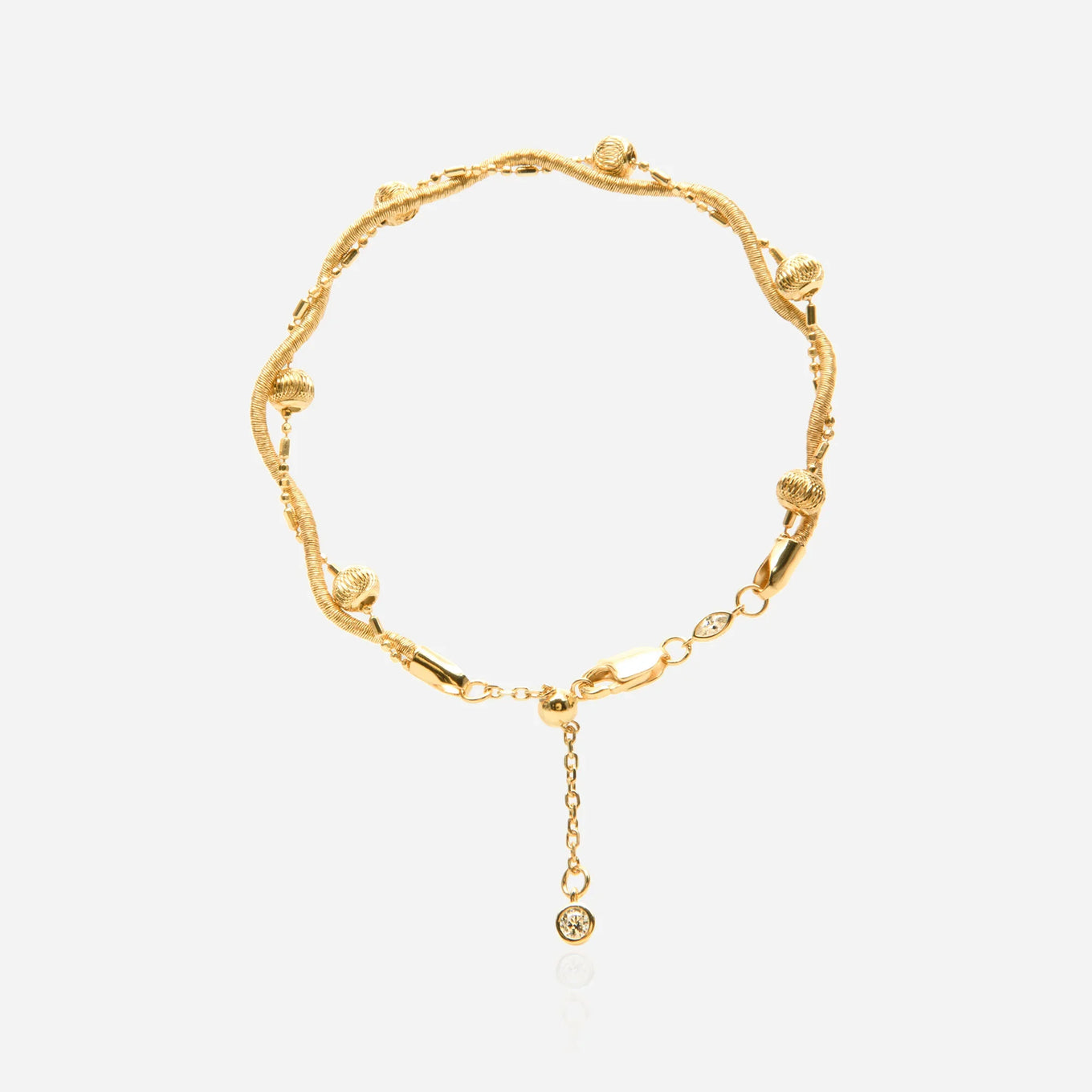 Multi-strand twisted vine gold chain bracelet with Florentine brushed textured beads and lab diamond pendant