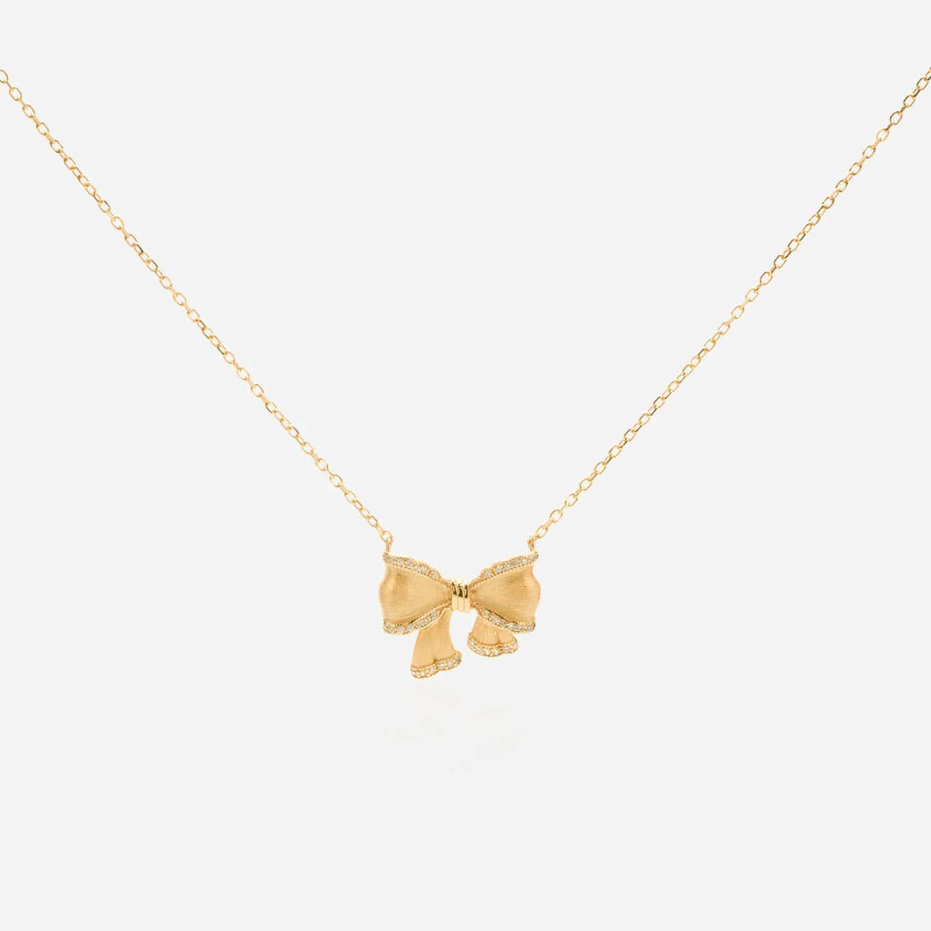 Ribbon bow necklace with brushed satin finish and micro-pave lab diamonds vintage gold 3D bow design dainty jewelry