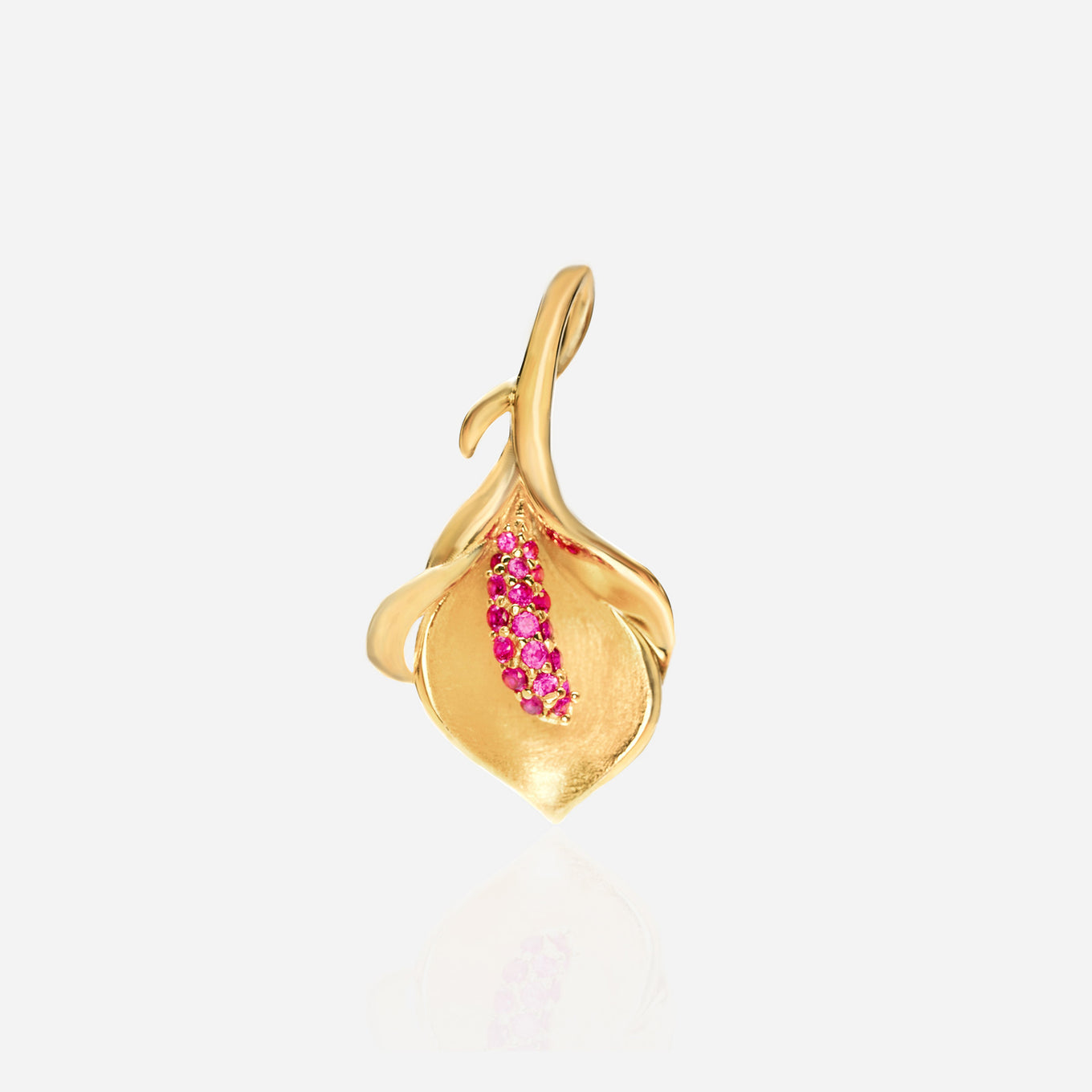Gold calla lily pendant necklace with lab-created ruby cluster stamen