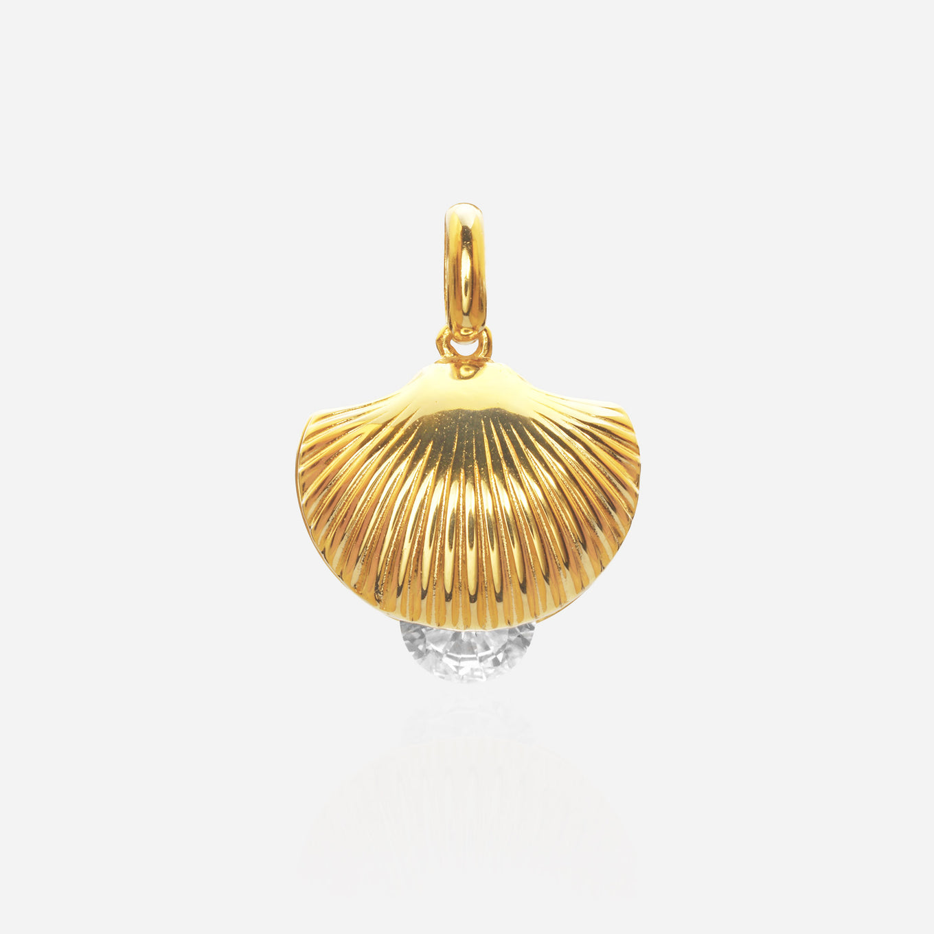 Scallop shell lab diamond pendant half-open shell cradling pearl hidden bezel setting 18K gold plated radial ribbed