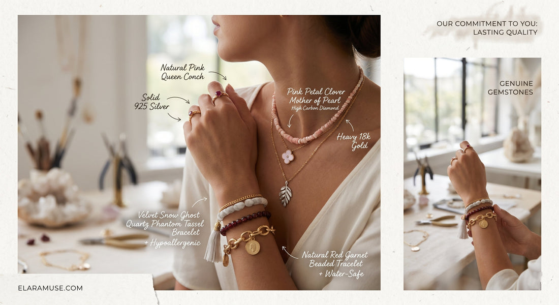 Elara Muse editorial guide showing how to layer everyday meaningful jewelry, featuring hypoallergenic 18k gold and solid 925 silver necklaces, bracelets, and natural gemstones.