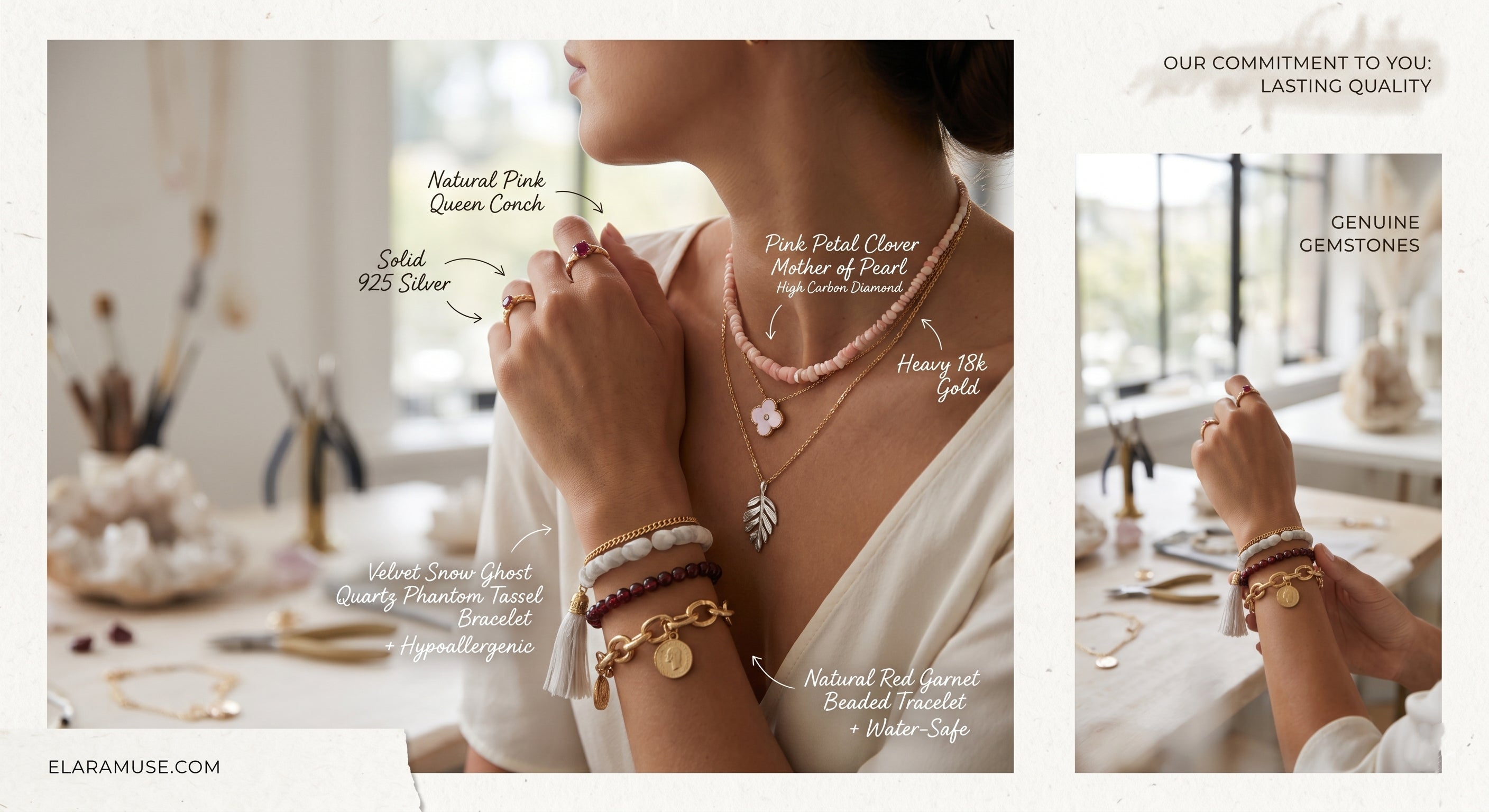 Elara Muse editorial guide showing how to layer everyday meaningful jewelry, featuring hypoallergenic 18k gold and solid 925 silver necklaces, bracelets, and natural gemstones.