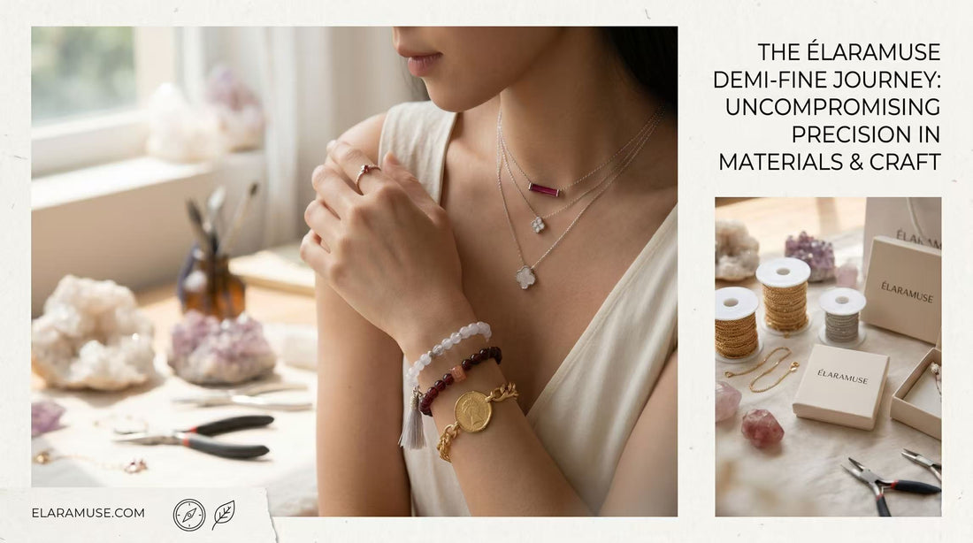 Close-up of layered ÉLARAMUSE jewelry in an artisan studio, with key pieces and material properties annotated