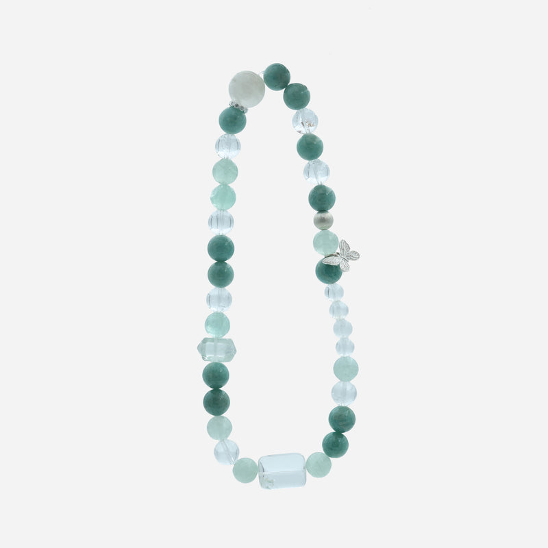 Spirit Flutter multi-gemstone bracelet with natural Amazonite, Fluorite, and Snow Ghost Quartz on a double-wrap design