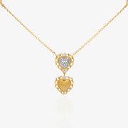 Double Heart Gold Pendant Necklace — two-tone pavé lab diamond upper heart layered over matte brushed gold lower heart, scalloped lace-edge border, fine O-chain with side heart accents, 18K gold plated sterling silver