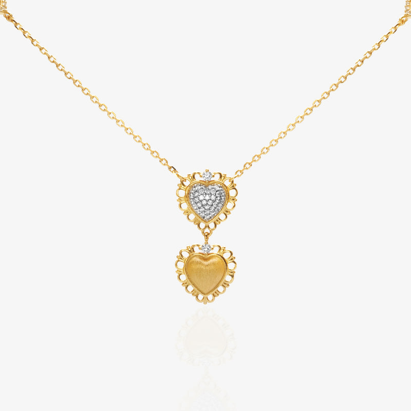 Double Heart Gold Pendant Necklace — two-tone pavé lab diamond upper heart layered over matte brushed gold lower heart, scalloped lace-edge border, fine O-chain with side heart accents, 18K gold plated sterling silver