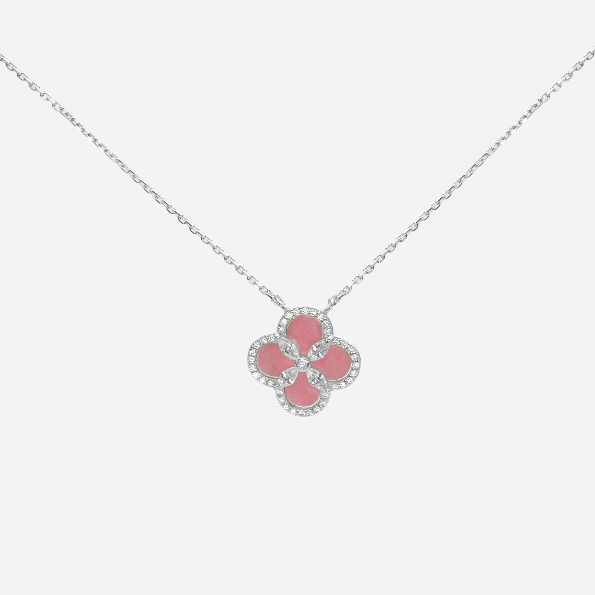 Pink Petal Clover necklace featuring Mother of Pearl inlay and high-carbon diamond halo in 925 silver.