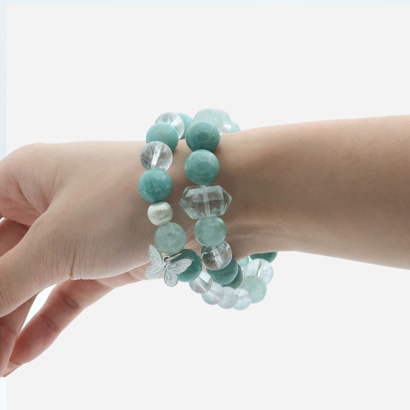 Double-wrap gemstone bracelet worn around the wrist showing the comfortable fit and natural stone textures