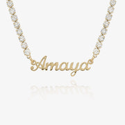 Personalized cursive name necklace on CZ tennis chain in 18K gold plated — custom script pendant jewelry