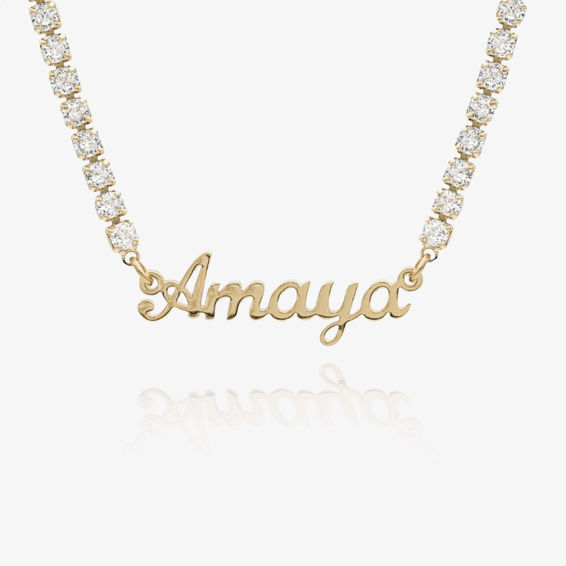 Personalized cursive name necklace on CZ tennis chain in 18K gold plated — custom script pendant jewelry