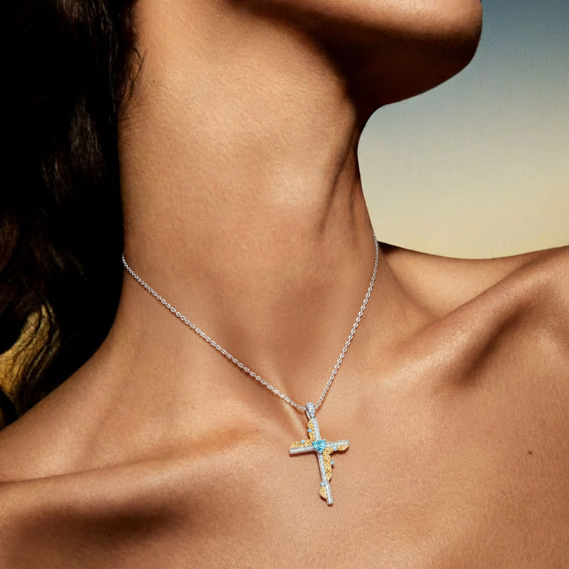Two-tone cross pendant gold vine wrapped with blue heart stone easter religious jewelry pendant only