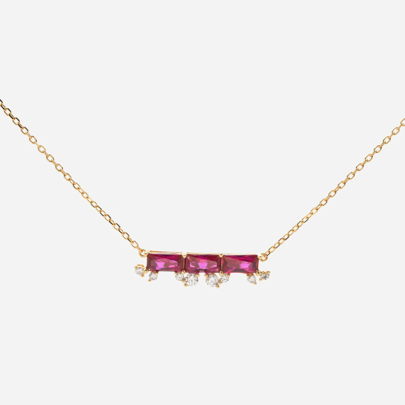 Crimson ruby bar necklace with Freud rose red lab rubies and diamond fringe in 18k gold plated silver minimalist gold jewelry