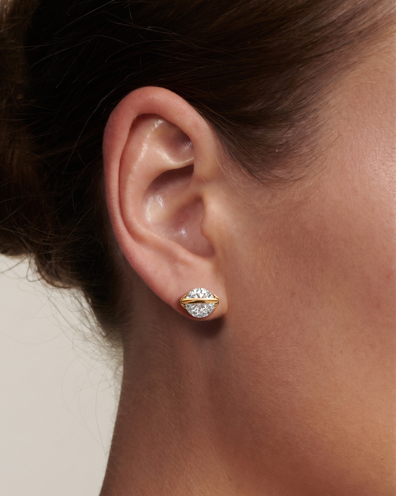 Gold Geometric Stud Earrings | Diamond Bar Setting | Architectural Solitaire