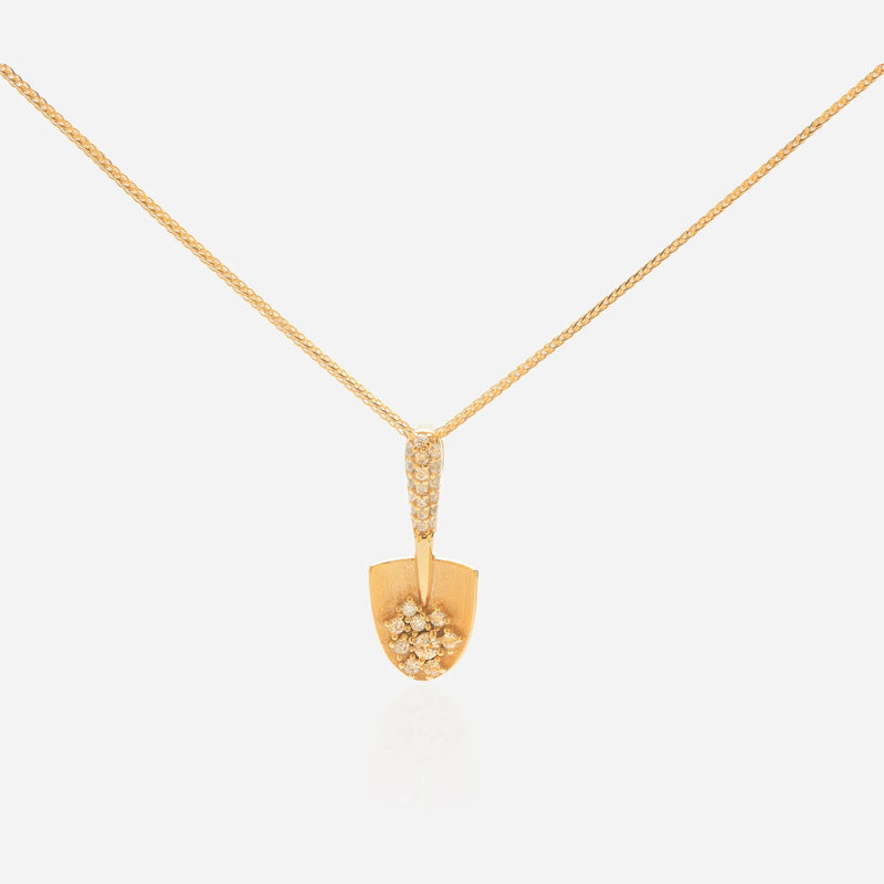 Gold spade necklace shovel pendant with diamond treasure pile gardening jewelry entrepreneur gift