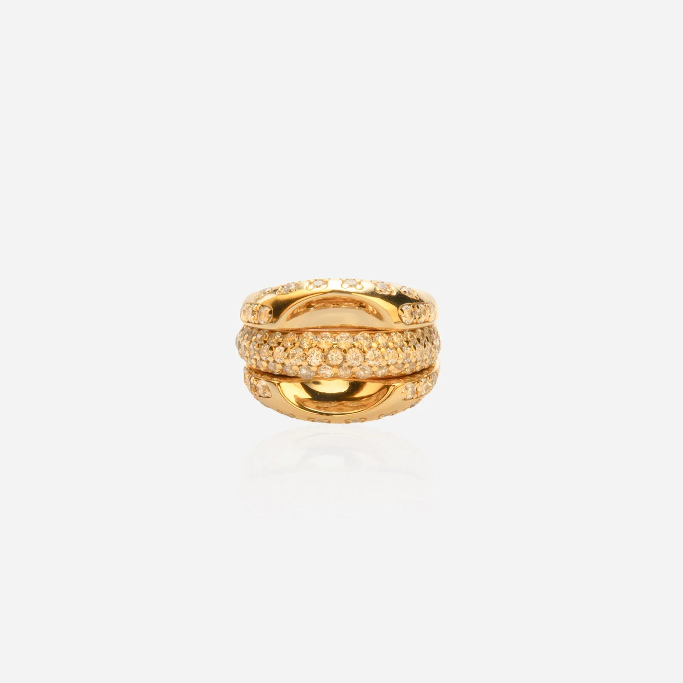 Gold three-piece stacking ring set with full-pavé lab diamond band curved dome bands high-polish minimalist jewelry