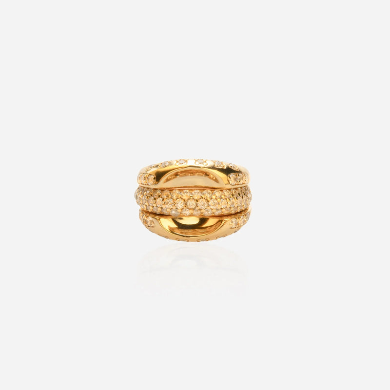 Gold three-piece stacking ring set with full-pavé lab diamond band curved dome bands high-polish minimalist jewelry