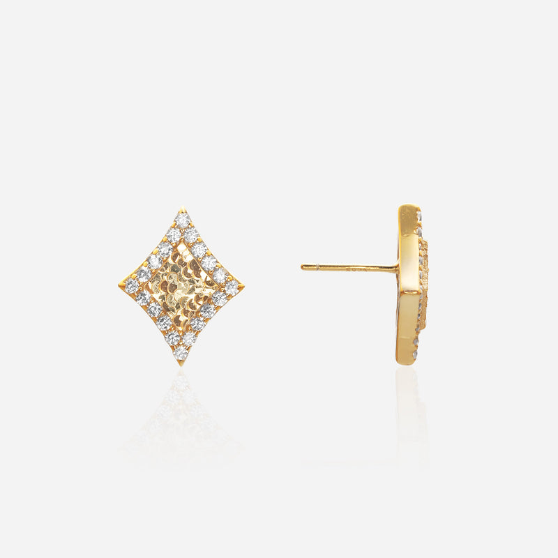 Art Deco diamond earrings with geometric kite shape gold halo and textured center for office to evening wear