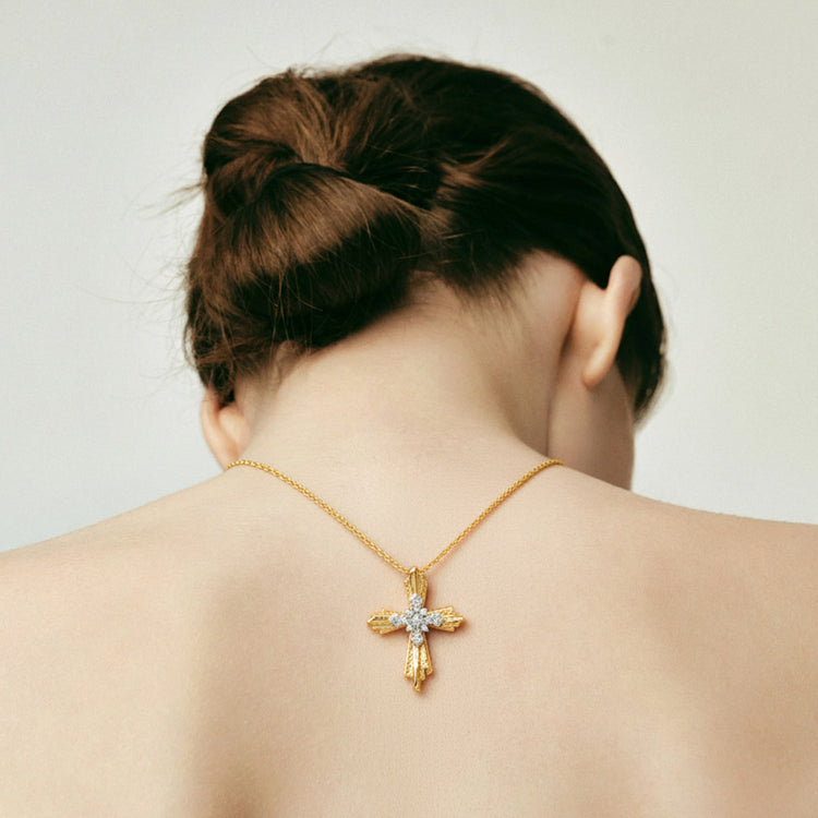 Large gold cross necklace sunburst textured pendant two tone diamond center heavy religious jewelry