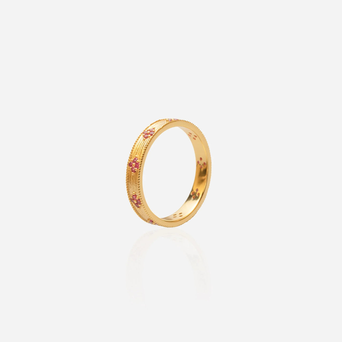 Gold ruby posy band vintage style floral eternity ring milgrain detail wedding band