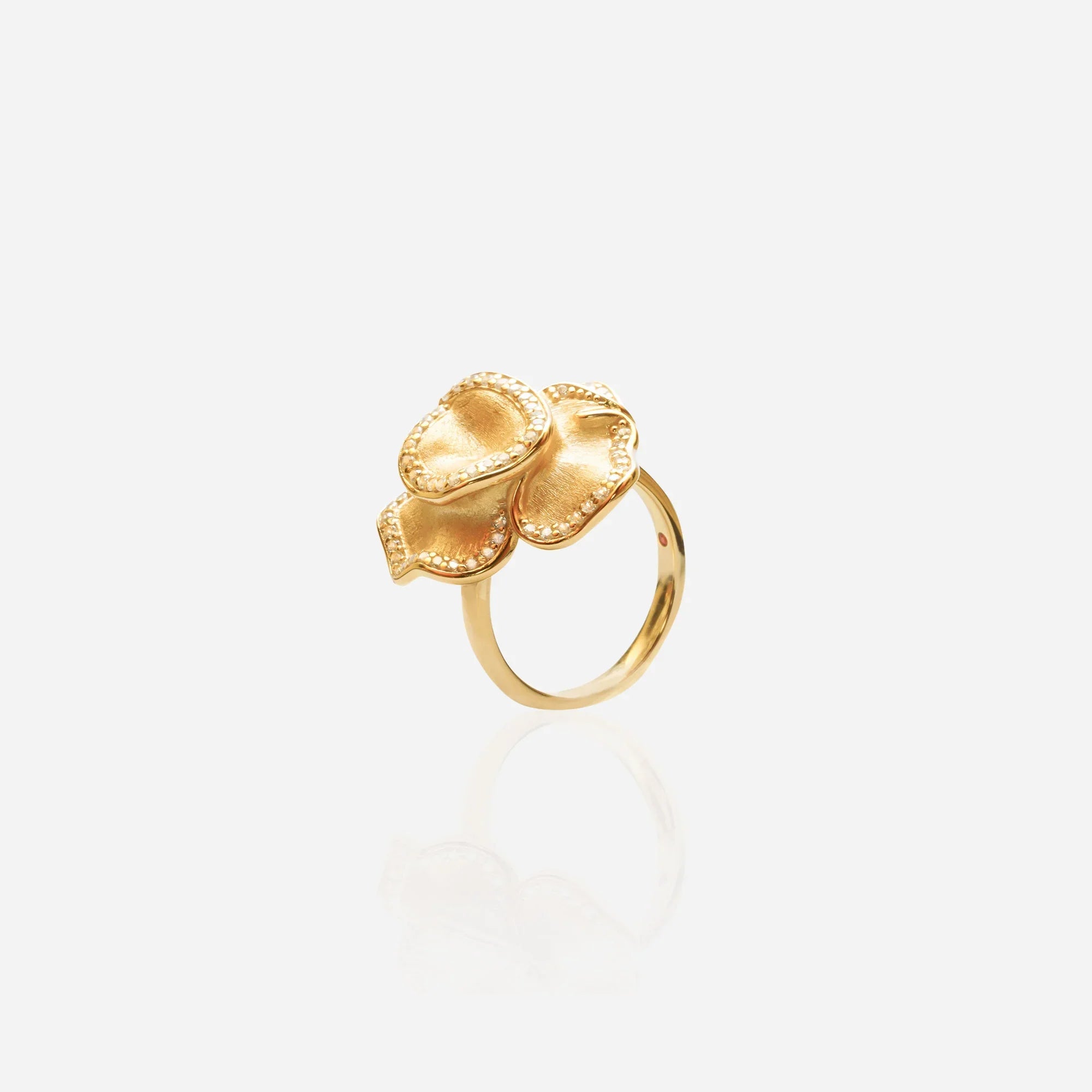 Gardenia flower ring — three-layer gold flower ring with layered petals and center lab diamond — botanical statement ring by ÉLARAMUSE