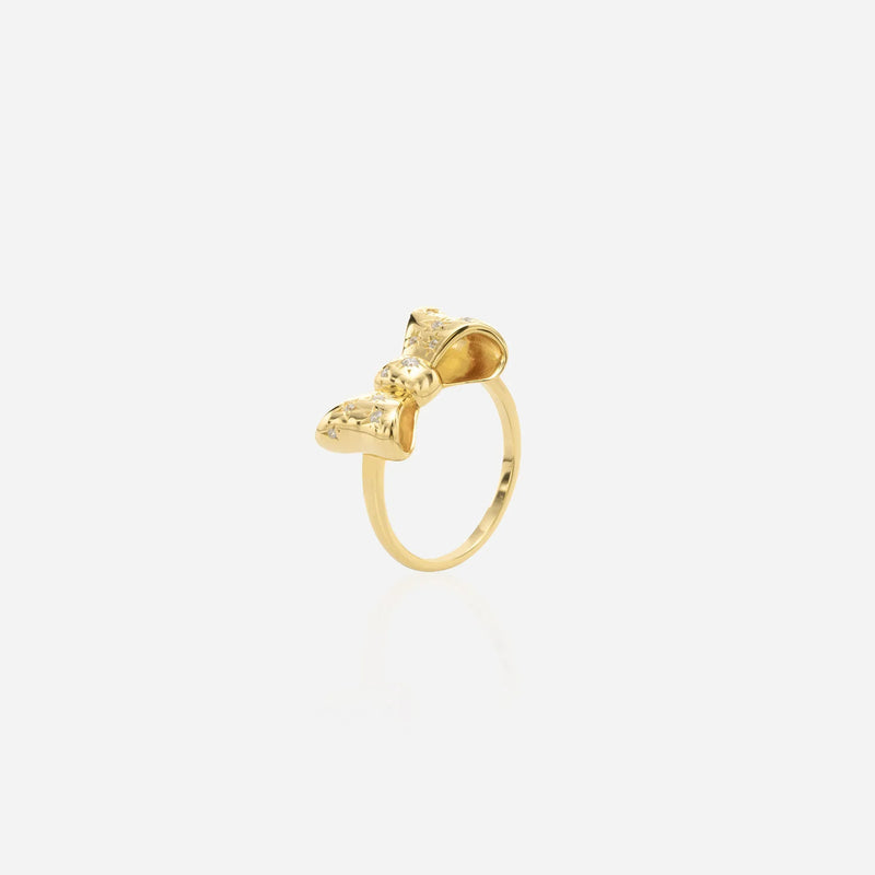 Gold velvet bow ring molten texture ribbon design lab diamond coquette aesthetic jewelry
