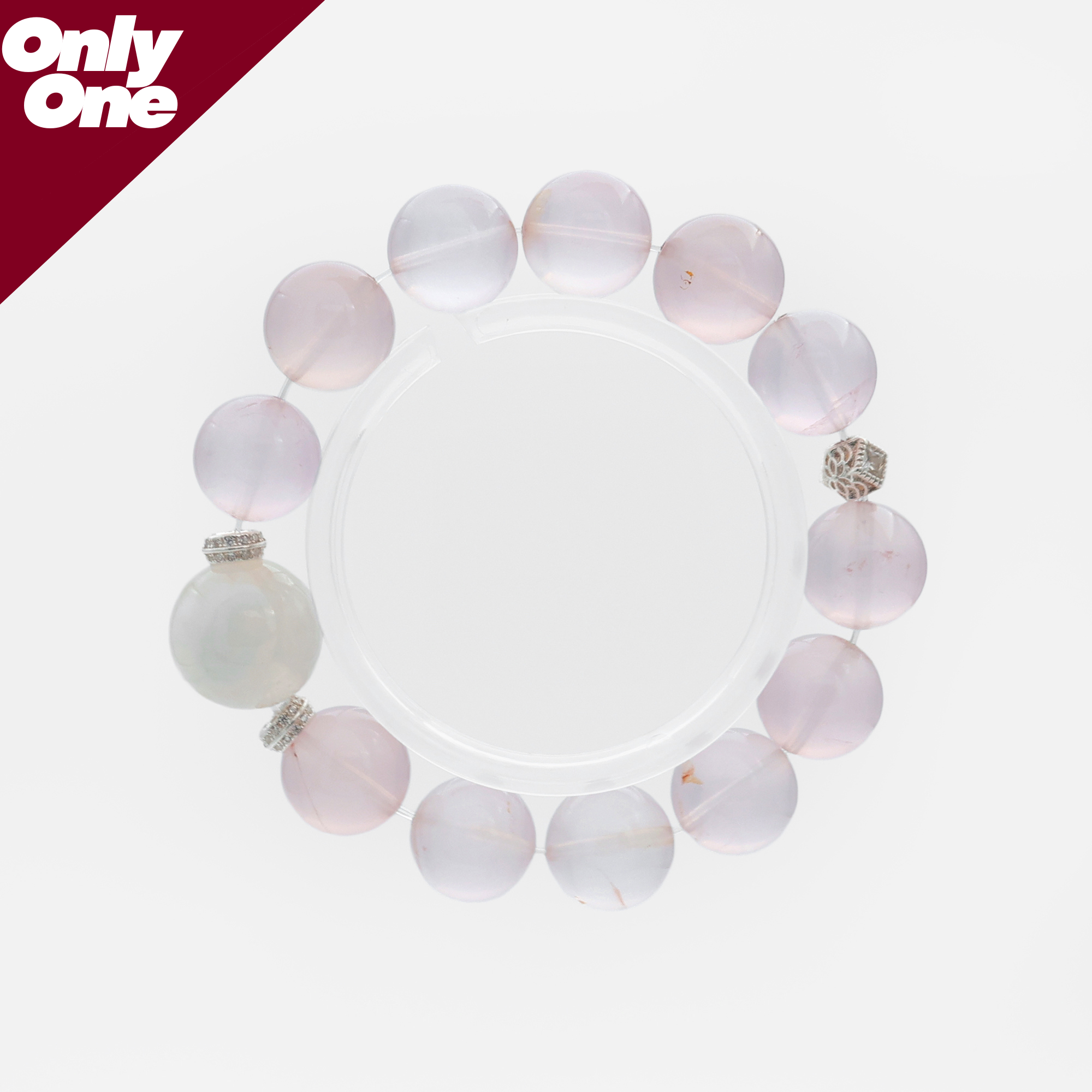 Full view of the ÉLARAMUSE Star Rose Quartz bracelet, showcasing the 14-15cm petite fit and natural crystal inclusions.