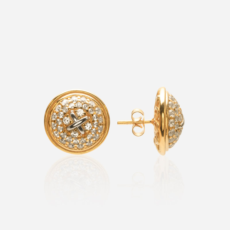 Vintage old money gold button earrings with two-tone pave diamonds inspired by haute couture tweed jackets hypoallergenic 18K gold plated sterling silver