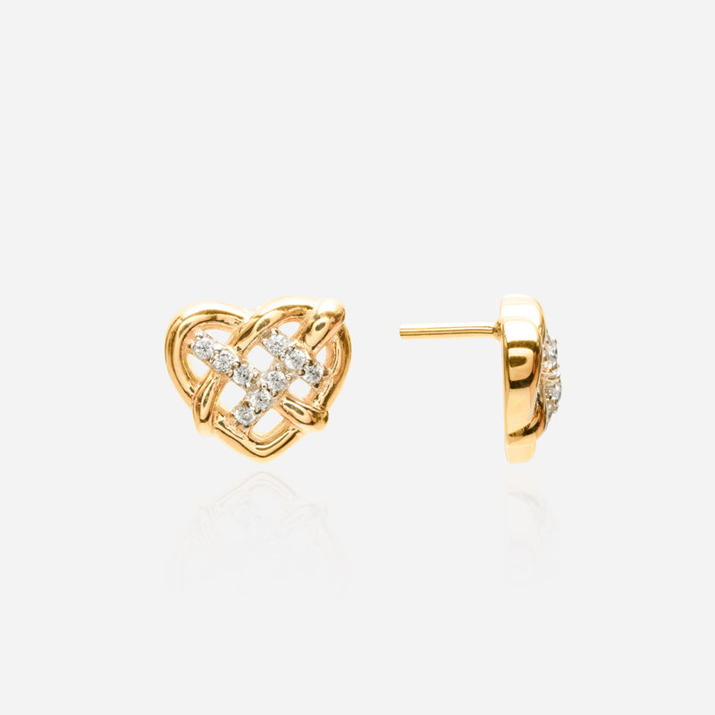 Gold love knot earrings with diamond pave interlocking heart studs romantic anniversary gift
