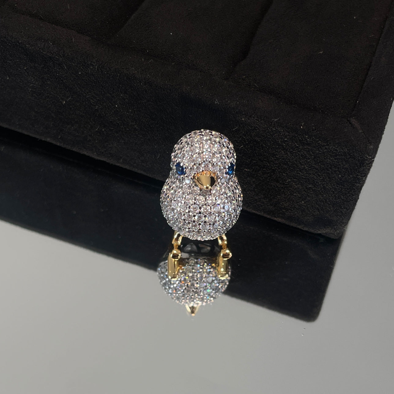 3D Pavé Diamond Duck Pendant  | Cute Animal Bird Chick | Blue Sapphire Eyes