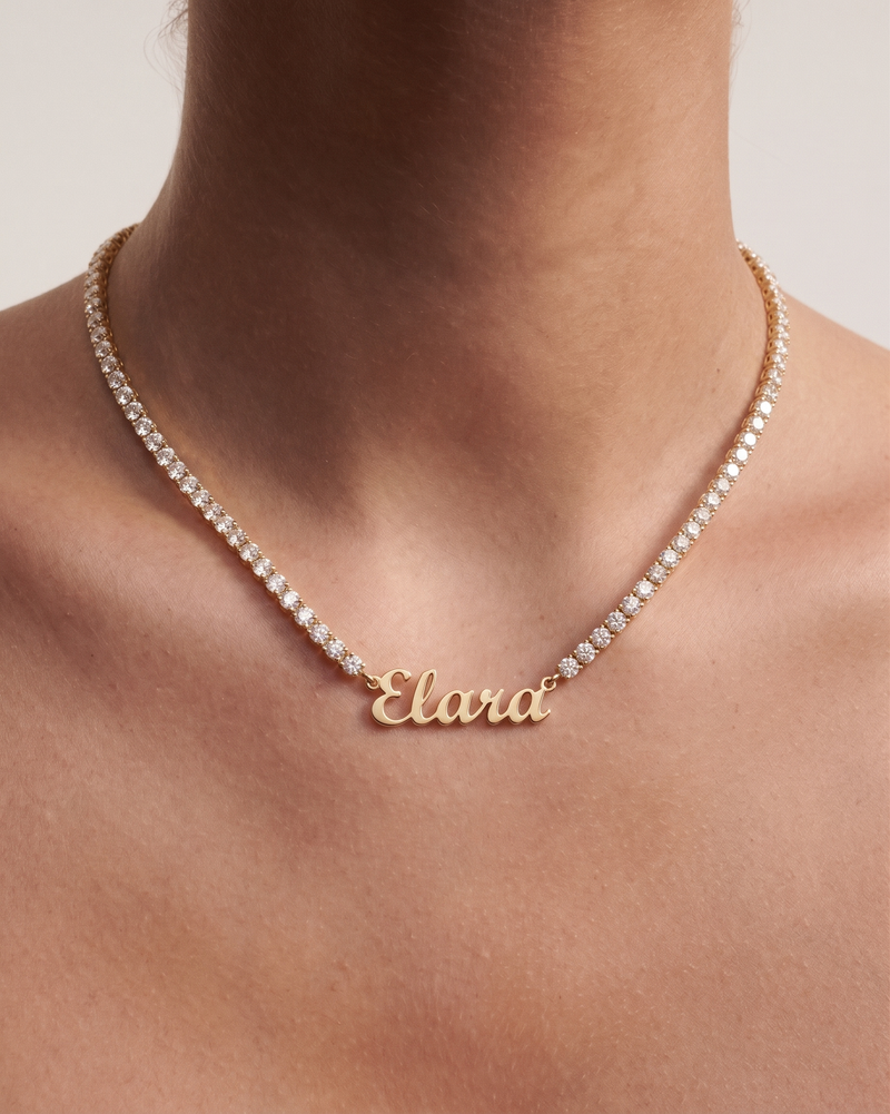 Personalized tennis necklace worn on collarbone — CZ choker with cursive name pendant layered everyday jewelry